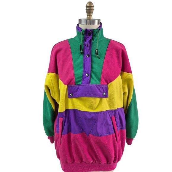 90s Y2K Vintage Climate Zone Neon Colorblock Fleece Jacket, Men’s Medium - Picture 1 of 5